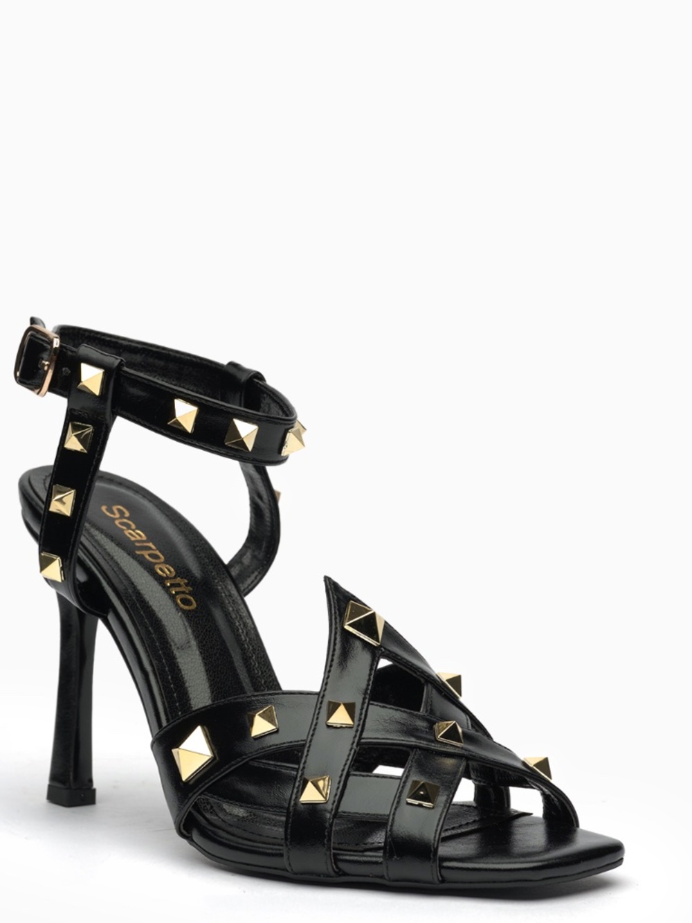 Borchia Leather Stiletto Heels: Polished Gold Pyramid Studs, Evening Party Shoes